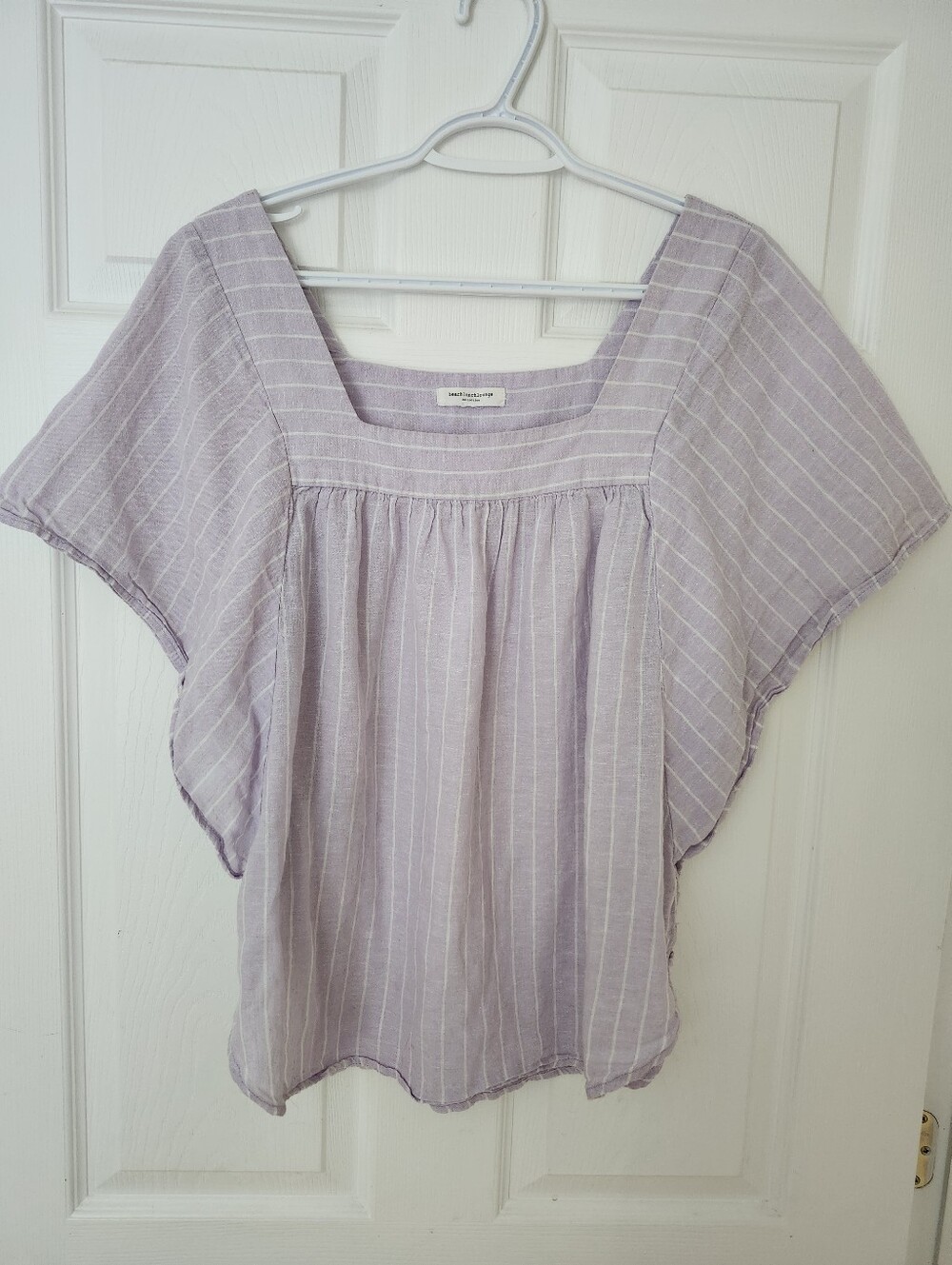 beachlunchlounge Linen Cotton Blend Lavender Stripe Square-Neck Peasant Top